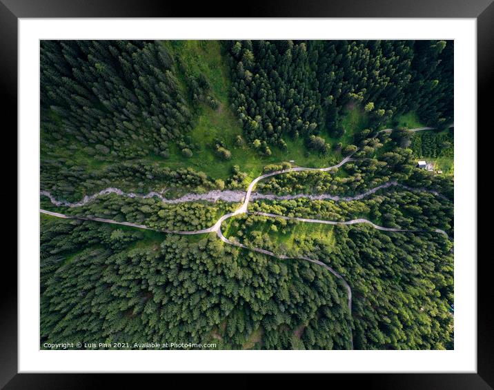 Aerial Drone view of trees from the top on a forest on the Italian Dolomites Alps in Santa Magdalena Framed Mounted Print by Luis Pina