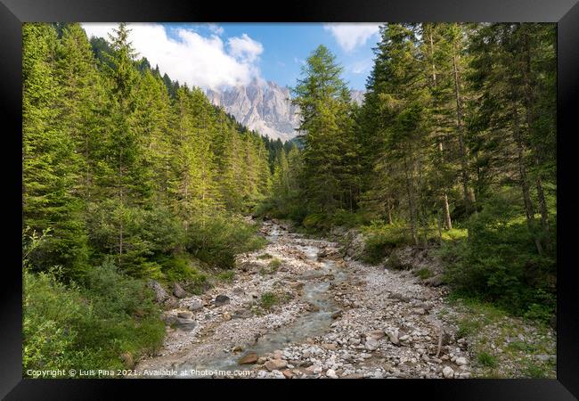 View of Furchetta mountain with a river on the foreground on the Dolomites Italian Alps mountains Framed Print by Luis Pina