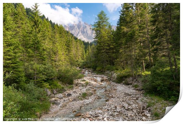 View of Furchetta mountain with a river on the foreground on the Dolomites Italian Alps mountains Print by Luis Pina