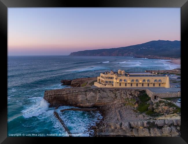 Aerial drone photo of Praia do Guincho Beach and Hotel Fortaleza at sunset in Sintra, Portugal Framed Print by Luis Pina