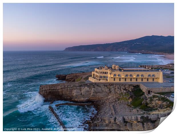 Aerial drone photo of Praia do Guincho Beach and Hotel Fortaleza at sunset in Sintra, Portugal Print by Luis Pina