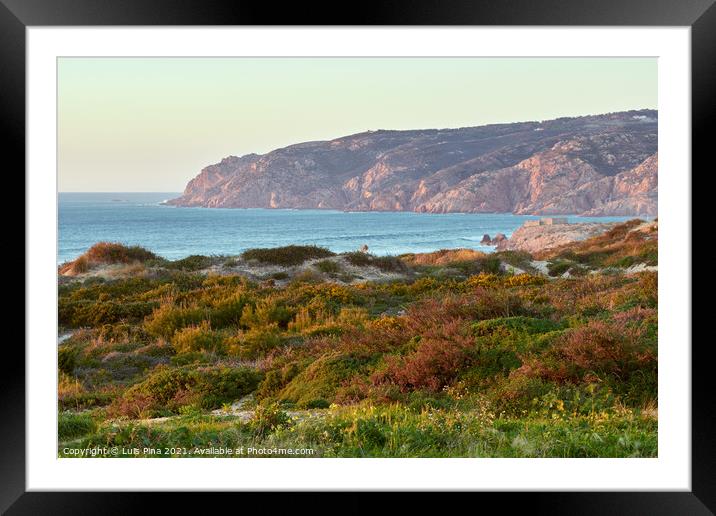 Praia do Guincho beach sand dunes and the coastline at sunset Framed Mounted Print by Luis Pina