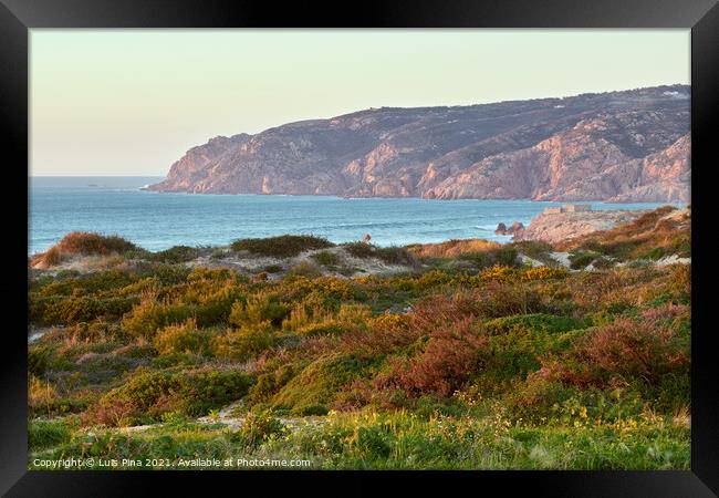 Praia do Guincho beach sand dunes and the coastline at sunset Framed Print by Luis Pina
