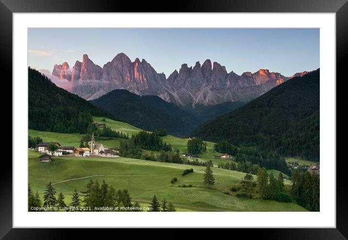 Village of Santa Magdalena and church on the Italian mountains Dolomites Alps at sunrise Framed Mounted Print by Luis Pina