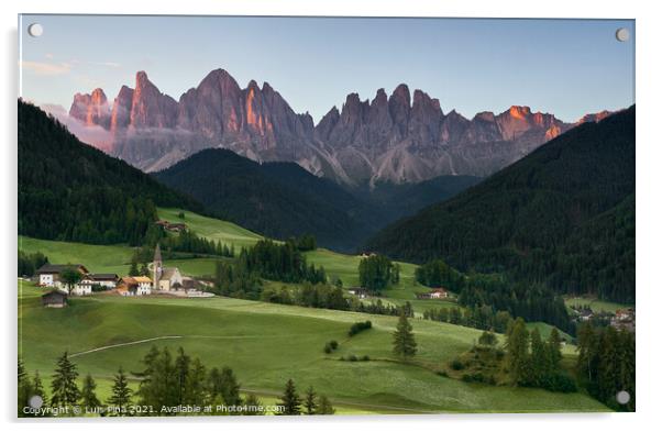 Village of Santa Magdalena and church on the Italian mountains Dolomites Alps at sunrise Acrylic by Luis Pina