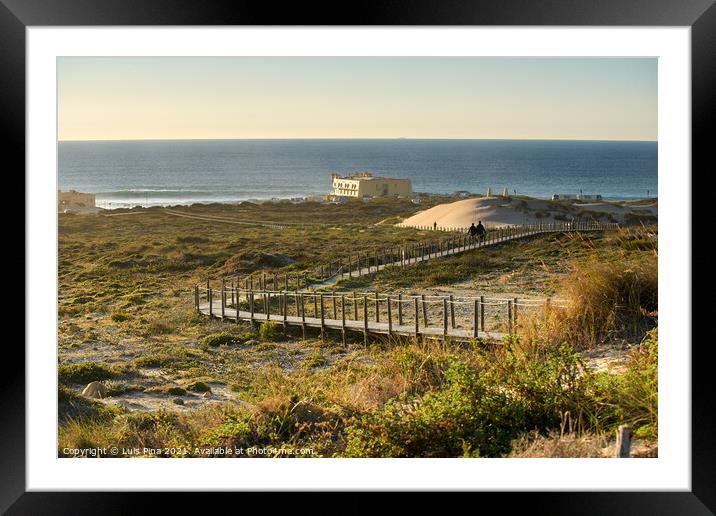 Praia do Guincho Beach and Hotel Fortaleza on a summer day in Sintra, Portugal Framed Mounted Print by Luis Pina