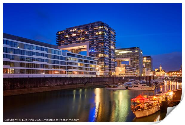 Rheinauhafen water promenade in Cologne Koeln marina at night with boats on the water Print by Luis Pina