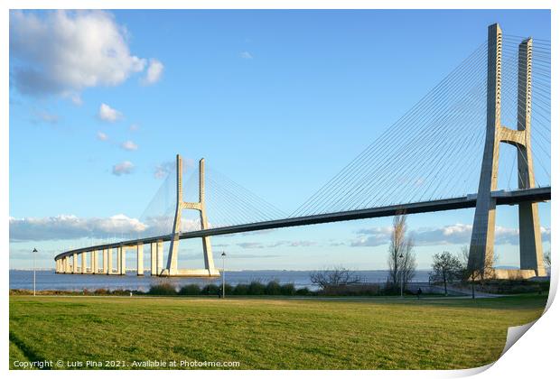 Ponte Vasco da Gama Bridge view from a garden park during the day Print by Luis Pina
