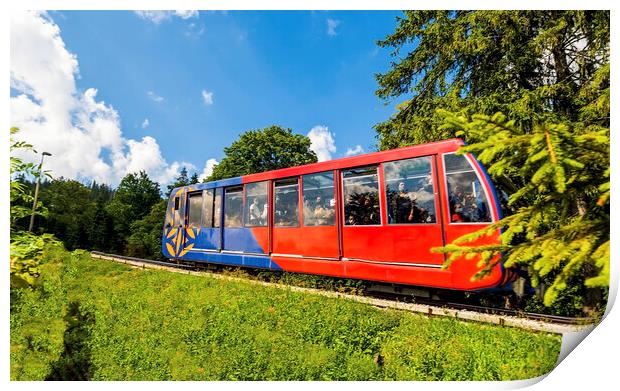 Zakopane, Poland - August 13, 2021: Funicular railway at Gubalowka , Passengers or tourist traveling inside cable car wearing protective mask as a covid precaution in summer Print by Arpan Bhatia