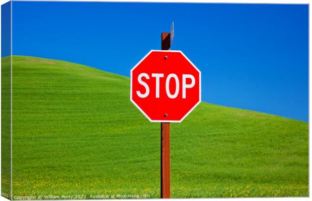 Red Stop Sign Green Wheat Grass Blue Skies Palouse Washington Canvas Print by William Perry