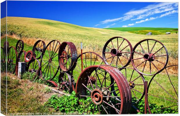 Steel Wheel Fence Green Wheat Grass Blue Skies Palouse Washingto Canvas Print by William Perry