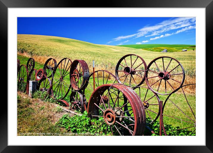 Steel Wheel Fence Green Wheat Grass Blue Skies Palouse Washingto Framed Mounted Print by William Perry