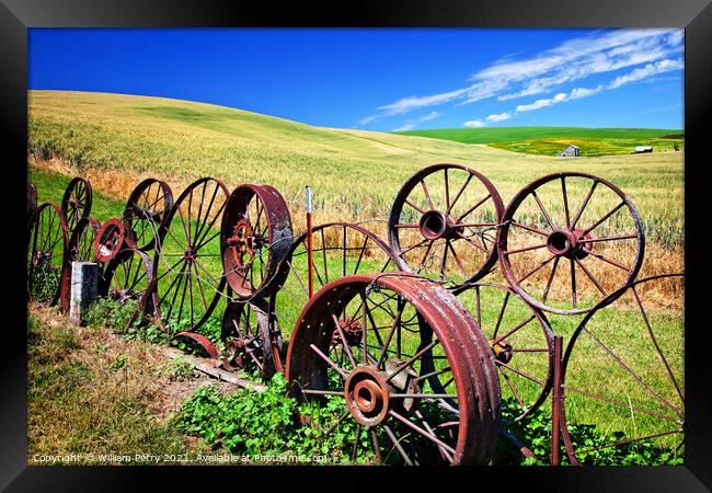Steel Wheel Fence Green Wheat Grass Blue Skies Palouse Washingto Framed Print by William Perry