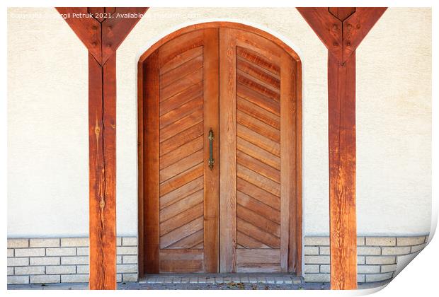 Front entrance wooden doors of a Ukrainian village hut with a massive copper handle and two symmetrical wooden supports. Print by Sergii Petruk