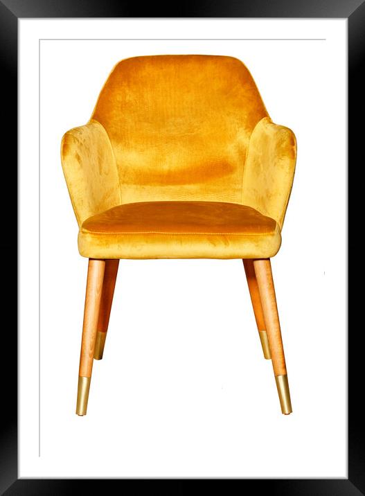 Upholstered comfortable armchair with wooden legs and golden velor upholstery, isolated on white background. Framed Mounted Print by Sergii Petruk