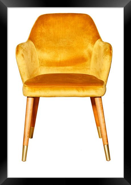 Upholstered comfortable armchair with wooden legs and golden velor upholstery, isolated on white background. Framed Print by Sergii Petruk