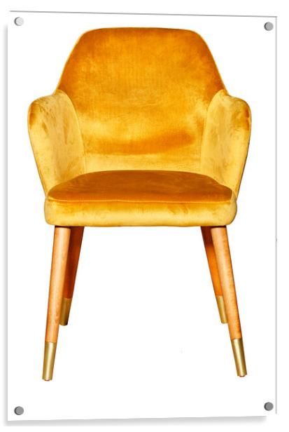 Upholstered comfortable armchair with wooden legs and golden velor upholstery, isolated on white background. Acrylic by Sergii Petruk