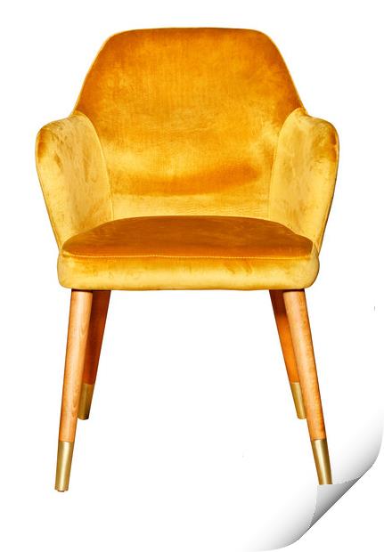 Upholstered comfortable armchair with wooden legs and golden velor upholstery, isolated on white background. Print by Sergii Petruk