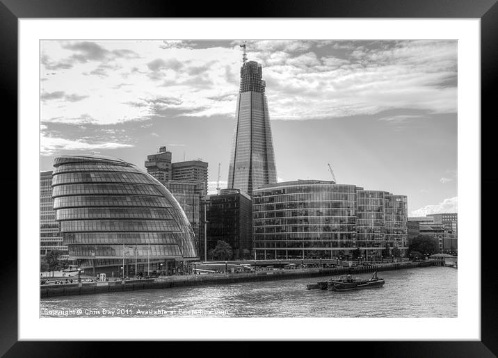 London Assembly and Shard black and white Framed Mounted Print by Chris Day