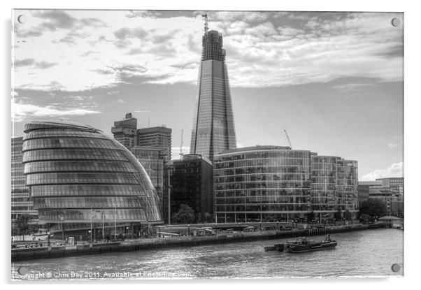 London Assembly and Shard black and white Acrylic by Chris Day