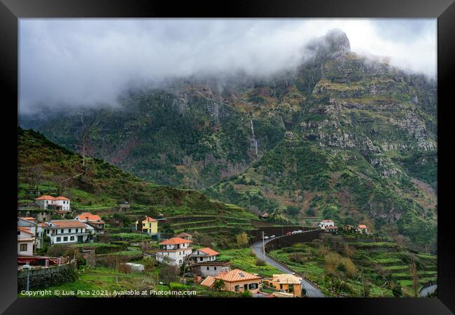 Village and beautiful mountains with clouds, in Madeira Framed Print by Luis Pina