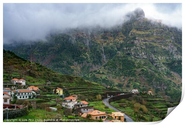 Village and beautiful mountains with clouds, in Madeira Print by Luis Pina