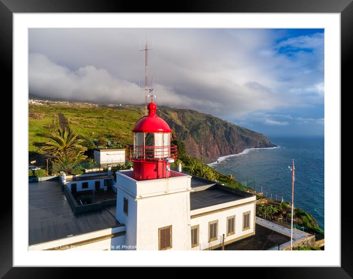 Aerial photo with drone of Ponta do Pargo Lighthouse with mountains on the background in Madeira Framed Mounted Print by Luis Pina