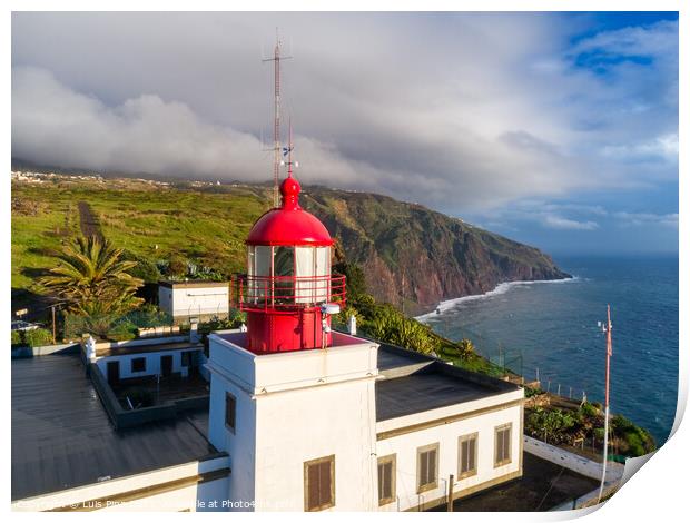 Aerial photo with drone of Ponta do Pargo Lighthouse with mountains on the background in Madeira Print by Luis Pina