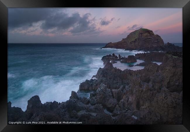 Mole islet landscape in Porto Moniz in Madeira at sunset Framed Print by Luis Pina