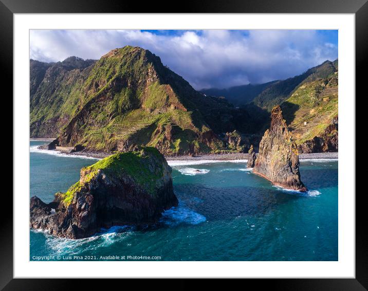 Aerial drone view of Janela Islets in Porto Moniz in Madeira Framed Mounted Print by Luis Pina