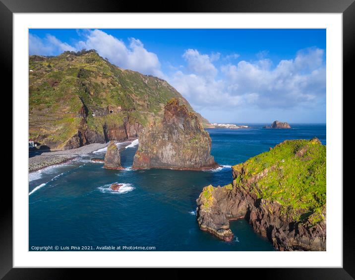 Aerial drone view of Janela Islets in Porto Moniz in Madeira Framed Mounted Print by Luis Pina