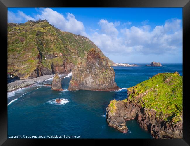 Aerial drone view of Janela Islets in Porto Moniz in Madeira Framed Print by Luis Pina