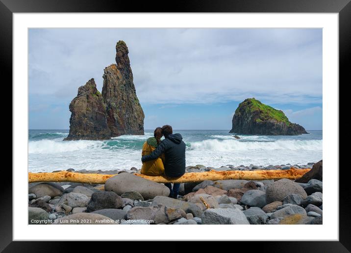 Janela Islets in Porto Moniz in Madeira with a couple sitted on a yellow tree on the ground Framed Mounted Print by Luis Pina