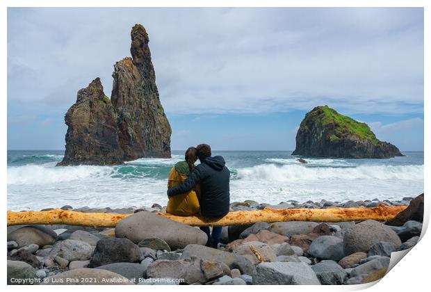 Janela Islets in Porto Moniz in Madeira with a couple sitted on a yellow tree on the ground Print by Luis Pina