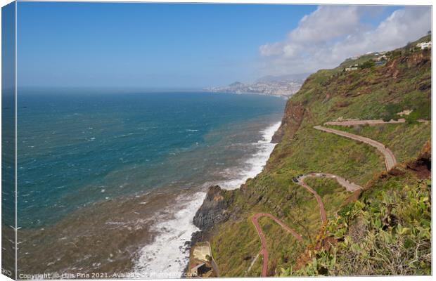 Aerial view of a road with many curves in Canico, Madeira on the coastline Canvas Print by Luis Pina