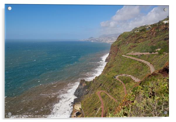 Aerial view of a road with many curves in Canico, Madeira on the coastline Acrylic by Luis Pina