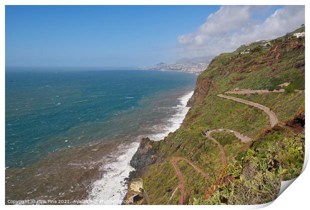 Aerial view of a road with many curves in Canico, Madeira on the coastline Print by Luis Pina