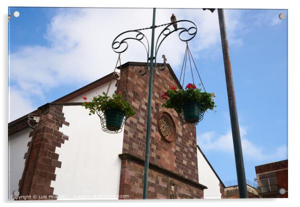 Funchal Cathedral church seen from the street with flowers hanging in Madeira Acrylic by Luis Pina