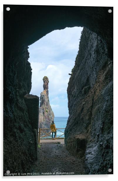 Girl looking at Ribeira da Janela islet between a cave in Madeira Acrylic by Luis Pina