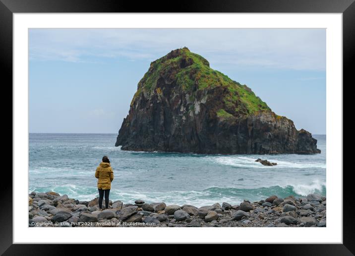 Woman looking at Ribeira da Janela islet in Madeira Framed Mounted Print by Luis Pina