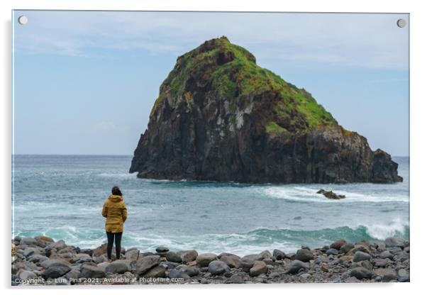 Woman looking at Ribeira da Janela islet in Madeira Acrylic by Luis Pina