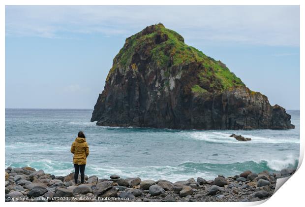 Woman looking at Ribeira da Janela islet in Madeira Print by Luis Pina