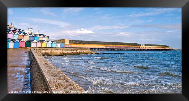 Walton Pier prom and Beach Huts Framed Print by Diana Mower