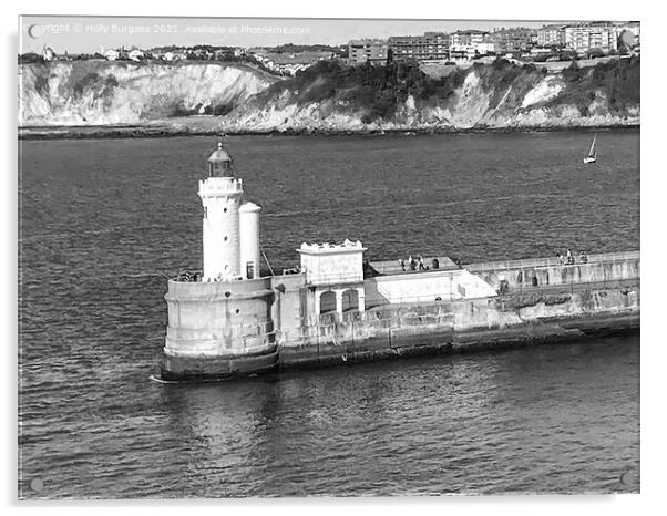 Getxo, bay of Biscay a lighthouse on the edge of the harbour, a look out for the military base that is still there after many years from the war Acrylic by Holly Burgess