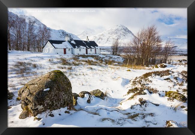 Black Rock Cottage in Glencoe in winter snow Framed Print by Howard Kennedy