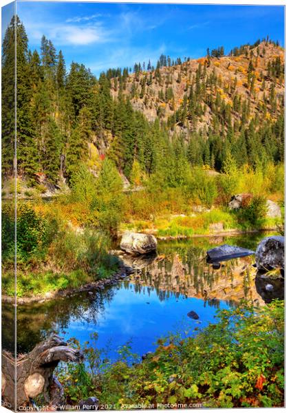 Fall Yellow Blue Green Colors Reflection Wenatchee River Valley  Canvas Print by William Perry