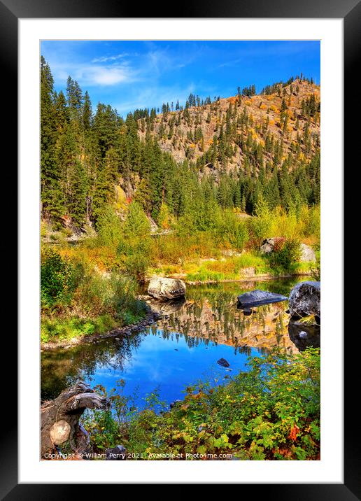 Fall Yellow Blue Green Colors Reflection Wenatchee River Valley  Framed Mounted Print by William Perry