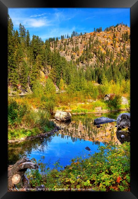 Fall Yellow Blue Green Colors Reflection Wenatchee River Valley  Framed Print by William Perry