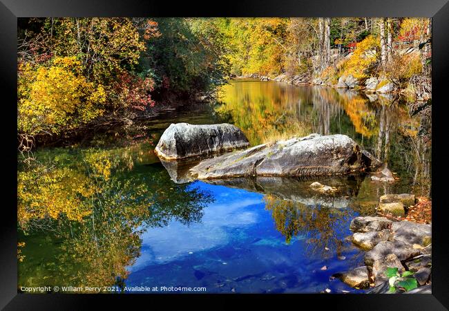 Fall Colors Orange Blue Reflection Wenatchee River Valley Washin Framed Print by William Perry