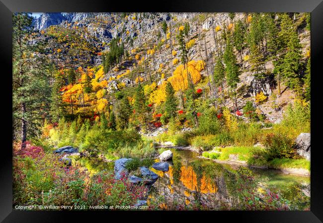 Fall Yellow Blue Green Colors Reflection Wenatchee River Valley  Framed Print by William Perry